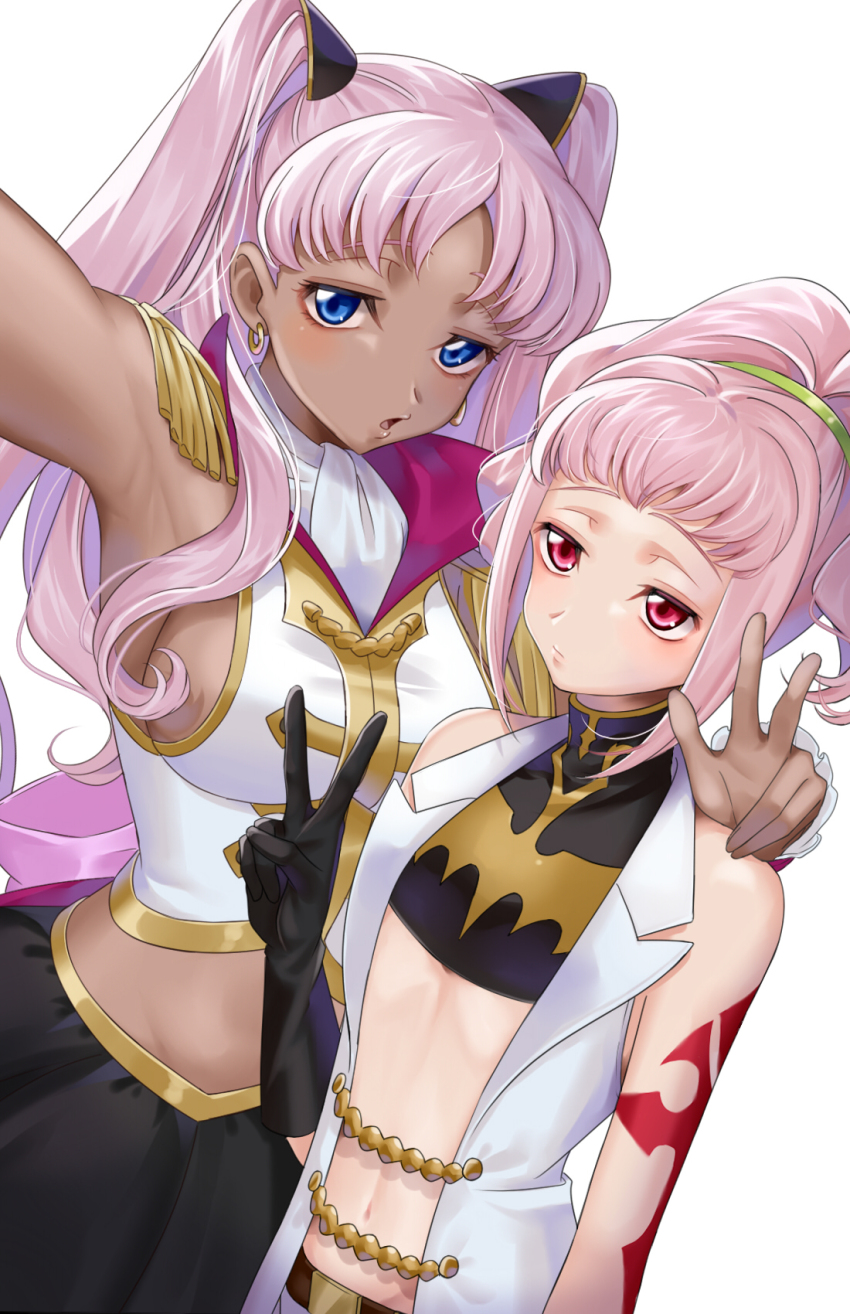2girls a_zaka0703 anya_alstreim armpits bare_shoulders black_gloves blue_eyes breasts catherine_sabathra code_geass code_geass:_dakkan_no_roze dark-skinned_female dark_skin earrings flat_chest gloves hair_ornament hand_on_another&#039;s_shoulder highres jewelry large_breasts multiple_girls open_mouth petite pink_eyes pink_hair simple_background skirt twintails v white_background