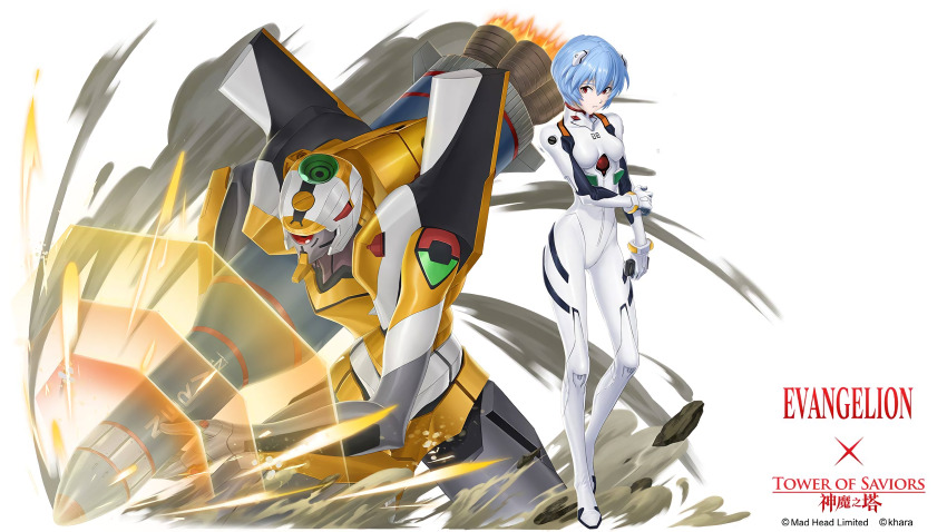 1girl absurdres ayanami_rei blue_hair bodysuit breasts copyright_name eva_00 full_body highres logo long_hair looking_at_viewer mecha_pilot_suit neon_genesis_evangelion official_art plugsuit_(evangelion) red_bodysuit red_eyes red_theme shiny_clothes shiny_skin short_hair solo standing tower_of_saviors wide_hips