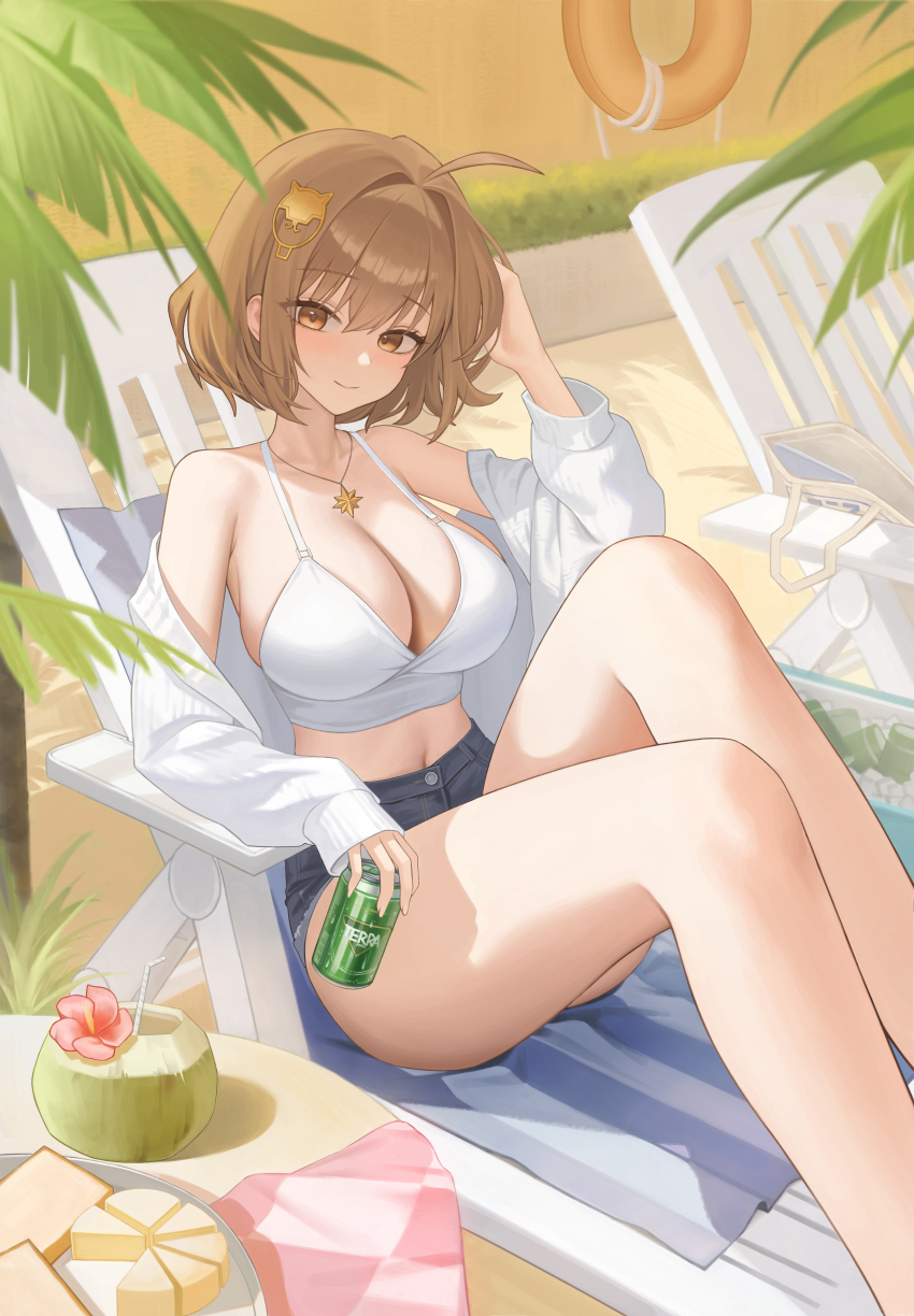 1girl absurdres ahoge alternate_costume anis_(nikke) beach_chair blue_shorts breasts can cardigan cleavage closed_mouth coconut_cup collarbone commentary denim denim_shorts drink_can drinking_straw goddess_of_victory:_nikke hair_intakes highres holding holding_can jewelry knees_up large_breasts long_sleeves looking_at_viewer necklace on_chair open_cardigan open_clothes short_hair short_shorts shorts solo thighs welsh_(wel_sh) white_cardigan