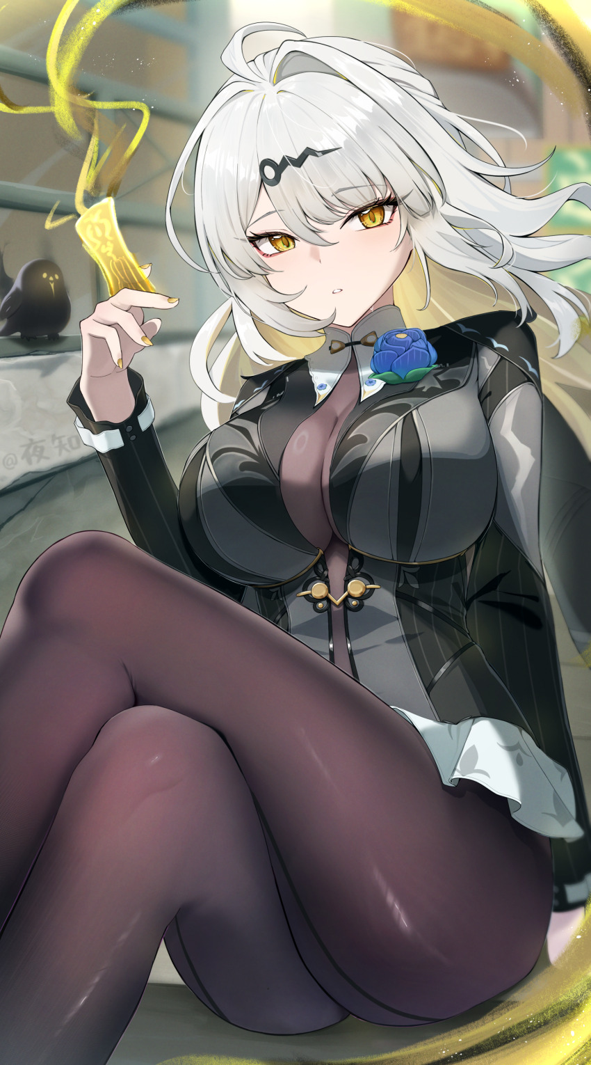 1girl absurdres bird black_bird black_jacket black_pantyhose blue_flower blue_rose bodystocking boutonniere breasts cleavage crossed_legs day floating_hair flower flower_on_chest highres holding_ofuda jacket large_breasts long_hair looking_to_the_side night_known pantyhose parted_lips rose see-through_cleavage see-through_clothes sitting solo white_hair yellow_eyes yellow_nails yixuan_(trails_of_ink)_(zenless_zone_zero) yixuan_(zenless_zone_zero) zenless_zone_zero