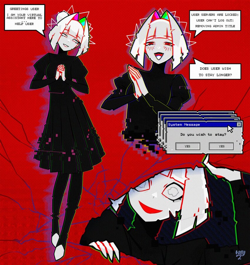 1girl :d black_dress breasts broken_screen commentary dress english_commentary english_text grin hair_intakes highres looking_at_viewer milkytiddyboy multiple_views open_mouth original own_hands_together puffy_sleeves red_eyes sharp_teeth short_hair smile teeth white_hair yandere