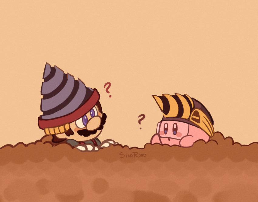 ? blue_eyes brown_background colored_skin copy_ability crossover drill drill_kirby drill_mario facial_hair highres kirby kirby_(series) kirby_and_the_forgotten_land looking_at_another mario mario_(series) mustache nintendo pink_skin signature solid_oval_eyes starroad super_mario_bros._wonder trait_connection