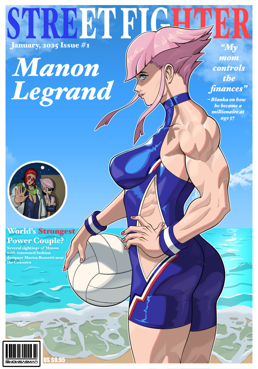 absurdres ass ball beach blue_eyes bodysuit breasts cover cropped_legs fake_magazine_cover highres hip_vent impossible_bodysuit impossible_clothes impossible_hair magazine_cover manon_legrand marisa_(street_fighter) medium_breasts muscular muscular_female official_alternate_costume pink_hair short_hair_with_long_locks sidelocks solo_focus spandex standing street_fighter street_fighter_6 volleyball_(object) water wowasasman