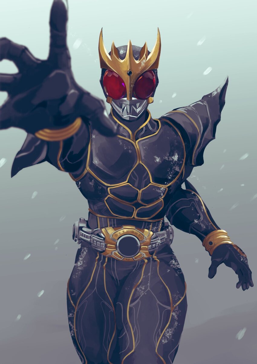 1boy arcle_(kuuga) armor black_armor black_bodysuit bodysuit cowboy_shot grey_background highres kamen_rider kamen_rider_kuuga kamen_rider_kuuga_(series) kintsuba_(kintsuba_08) male_focus rider_belt simple_background solo