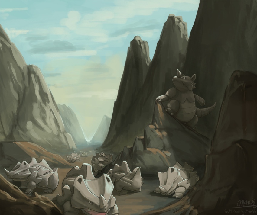 blue_sky claws closed_eyes cloud cloudy_sky commentary creature day english_commentary gen_1_pokemon mcgmark mountain nintendo no_humans pokemon pokemon_(creature) rhinoceros rhydon rhyhorn signature sky sleeping standing watermark web_address