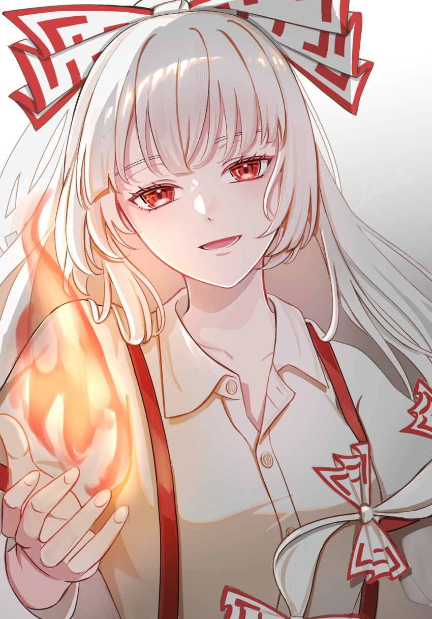 1girl bow collarbone collared_shirt commentary_request fire fujiwara_no_mokou grey_hair hair_bow highres long_hair long_sleeves looking_at_viewer luuu_u_u multiple_hair_bows open_mouth pyrokinesis red_eyes shirt smile solo suspenders touhou white_shirt