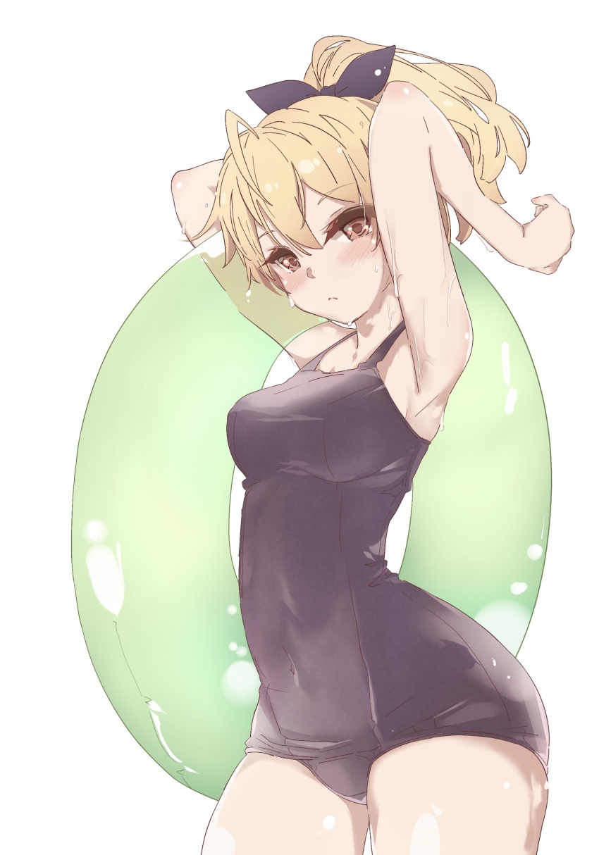 1girl absurdres ahoge andou_tazusa arms_behind_head arms_up assault_lily bare_arms bare_shoulders black_bow black_one-piece_swimsuit blonde_hair blush bow breasts brown_eyes closed_mouth commentary_request covered_navel cowboy_shot hair_bow high_ponytail highres holding holding_swim_ring innertube kuro_ula looking_at_viewer medium_breasts one-piece_swimsuit ponytail school_swimsuit short_hair simple_background solo standing swim_ring swimsuit wet white_background