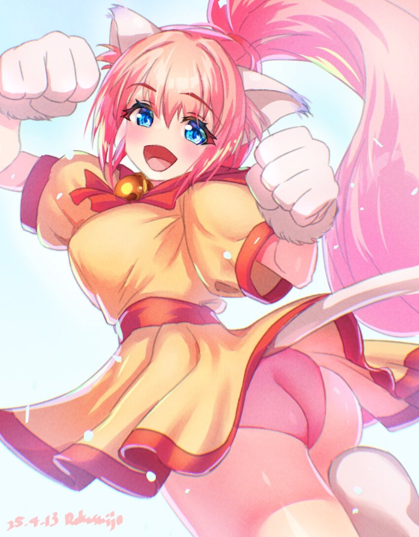 1girl animal_ear_fluff animal_ears animal_hands ass bell blue_eyes blush breasts cat_ears cat_girl cat_paws cat_tail clenched_hands cowboy_shot dated dress from_side gloves hair_between_eyes high_ponytail highres large_breasts leotard long_hair looking_at_viewer melody_sinclair open_mouth paw_gloves paw_pose paw_shoes pink_hair pink_leotard ponytail puffy_sleeves rokusuijo short_sleeves simple_background smile solo tail tail_ornament thighs twisted_torso very_long_hair white_background wide_ponytail yellow_dress yuukyuu_gensoukyoku