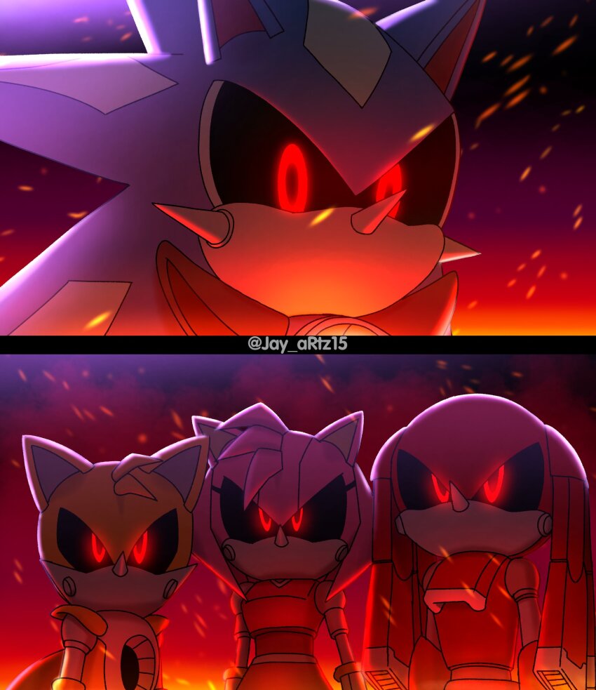 1girl 3boys animal_ears black_sclera colored_sclera commentary embers english_commentary highres jay_artz15 looking_at_viewer mechanical_arms metal_amy metal_knuckles metal_sonic metal_tails multiple_boys neo_metal_sonic no_mouth pointy_nose red_eyes robot robot_boy robot_girl scene_reference sonic_(series) tagme transformers transformers_one