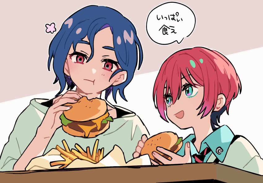 1boy 1girl :d amate_yuzuriha aqua_eyes aqua_shirt black_necktie blue_hair burger chewing collared_shirt commentary_request crescent crescent_earrings diagonal-striped_clothes diagonal-striped_necktie earrings eating food french_fries fuji_(f_ukkami) gundam gundam_gquuuuuux happy_aura highres holding holding_burger holding_food jewelry looking_at_another multicolored_eyes multicolored_hair necktie open_mouth red_eyes red_hair red_necktie school_uniform shirt short_hair shuji_ito smile speech_bubble striped_clothes translation_request two-tone_eyes two-tone_hair wavy_hair white_shirt