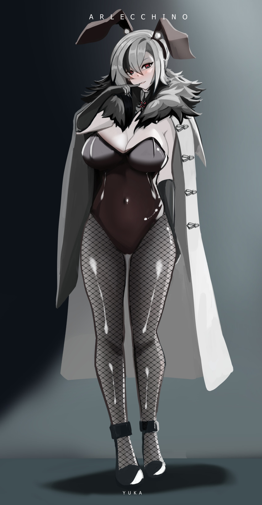 1girl absurdres animal_ears arlecchino_(genshin_impact) bare_shoulders black_hair blush breasts coat elbow_gloves eyebrows_hidden_by_hair fake_animal_ears fishnet_pantyhose fishnets genshin_impact gloves grey_hair highres large_breasts leotard multicolored_hair pantyhose playboy_bunny rabbit_ears red_eyes short_hair solo standing yuka_1503