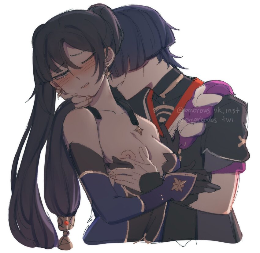1boy 1girl aqua_eyes armor bare_shoulders bite_mark bite_mark_on_neck black_bodysuit black_choker black_gloves black_hair black_kimono black_sleeves blunt_ends blush bodystocking bodysuit breasts choker clenched_teeth collarbone couple cropped_torso detached_sleeves earrings elbow_gloves emorboobs finger_under_clothes fingernails genshin_impact gloves gold grabbing_another&#039;s_breast grey_sleeves groping guided_breast_grab guiding_hand hair_between_eyes hair_over_eyes half-closed_eyes han&#039;eri hand_on_another&#039;s_arm hand_on_another&#039;s_chest hand_on_another&#039;s_face hetero hickey highres instagram_username japanese_armor japanese_clothes jewelry kimono kote kurokote layered_kimono layered_sleeves leaning_back leotard long_hair medium_breasts mona_(genshin_impact) neck_ring nipples one_eye_closed parted_bangs ponytail_holder purple_leotard purple_rope purple_sleeves red_kimono rope scaramouche_(genshin_impact) shimenawa short_sleeves sketch smile star_(symbol) star_earrings strapless strapless_leotard teeth turtleneck turtleneck_bodysuit twintails twitter_username unbuttoned white_background white_kimono white_mouth white_rope