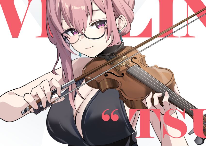 1girl absurdres alternate_costume black_dress breasts cleavage closed_mouth dress earrings glasses hair_between_eyes highres holding holding_instrument holding_violin inapple instrument jewelry large_breasts long_hair looking_at_viewer mindscape_cinema_(zenless_zone_zero) music pink_eyes pink_hair playing_instrument sidelocks smile solo tsukishiro_yanagi upper_body violin zenless_zone_zero