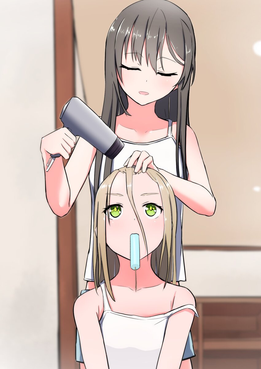 2girls absurdres brown_hair catflish closed_eyes drying drying_another&#039;s_hair drying_hair food hair_dryer heaven_burns_red highres holding holding_hair_dryer indoors long_hair multiple_girls ooshima_ichiko ooshima_yotsuha popsicle siblings sisters vest