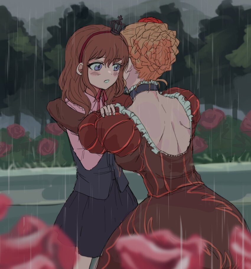 2girls beatrice_(umineko) black_vest blonde_hair blouse blush brown_hair choker collared_shirt commentary crown dress flower frilled_choker frilled_dress frills garden hair_flower hair_ornament hashtag-only_commentary highres hug juliet_sleeves long_sleeves maria_(umineko) mini_crown multiple_girls open_mouth outdoors pink_shirt puffy_sleeves purple_eyes rain red_dress red_flower red_ribbon ribbon rose rxnal0 shirt skirt umineko_no_naku_koro_ni updo ushiromiya_maria vest