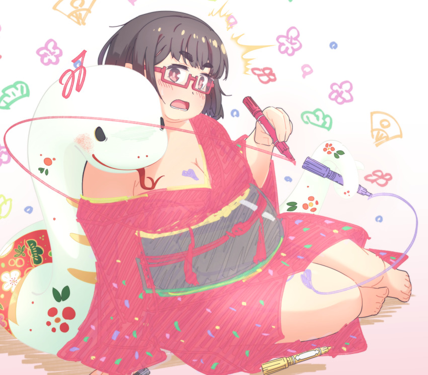 1girl arm_support barefoot blush breasts brown_hair closed_mouth commentary_request forked_tongue glasses gradient_background head_tilt highres holding holding_marker holding_with_tail japanese_clothes kimono marker medium_breasts open_mouth original pink_background prehensile_tail red-framed_eyewear snake solo tail thick_thighs thighs tongue wahoo_2121