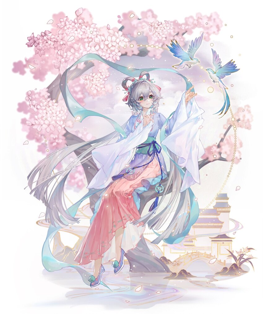1girl bird branch cherry_blossoms chinese_clothes closed_mouth commission dress flower full_body green_eyes grey_hair hagoromo hair_between_eyes hair_ornament hair_rings hanfu high_heels highres jewelry long_hair long_sleeves looking_at_viewer luo_tianyi petals pink_flower ribbon sash shawl sitting smile solo tassel tree tuzhate very_long_hair vocaloid white_background wide_sleeves
