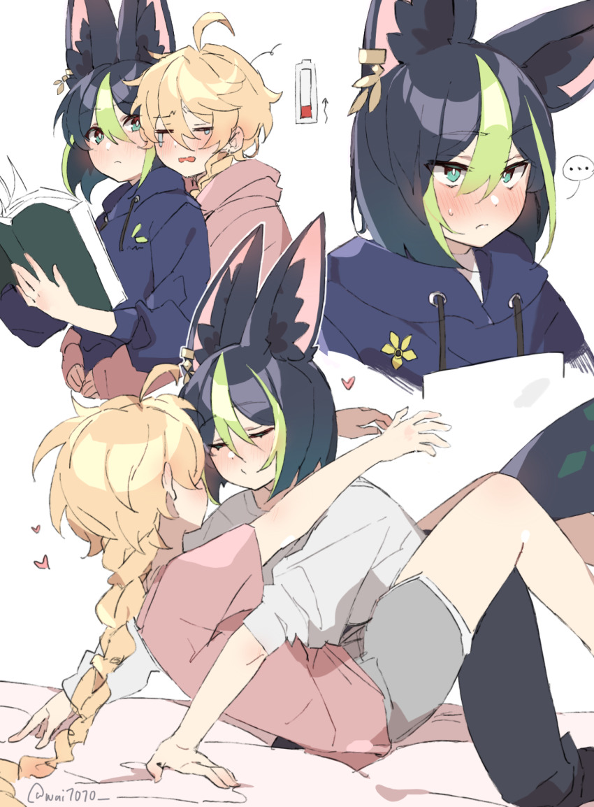 ... 2boys aether_(genshin_impact) ahoge animal_ear_piercing animal_ears artist_name blue_eyes book braid braided_ponytail commentary crying drawstring genshin_impact green_hair highres holding holding_book hood hoodie imminent_kiss jackal_boy jackal_ears long_hair multicolored_hair multiple_boys open_book reading streaked_hair tighnari_(genshin_impact) trap trap_on_trap wai1010 white_background yaoi