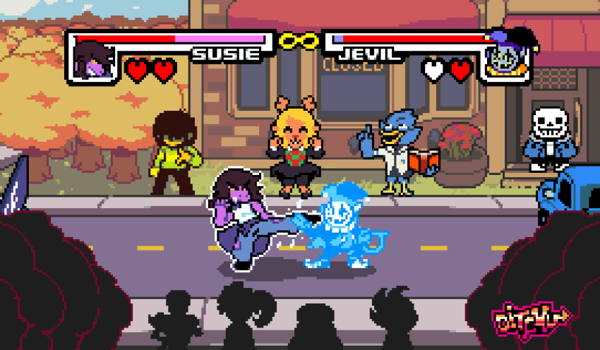 1other 3boys 4girls animated animated_gif antlers artist_name beak berdly_(deltarune) clothes_around_waist deltarune ditchu evo_moment_#37 evolution_championship_series fighting fighting_stance furry furry_female furry_male gameplay_mechanics health_bar highres horns jevil kicking kris_(deltarune) monster_boy monster_girl monster_kid_(undertale) multiple_boys multiple_girls noelle_holiday papyrus_(undertale) parody parrying pixel_art road sans_(undertale) silhouette street street_fighter street_fighter_iii_(series) tank_top undertale undyne utdr_(toby_fox)