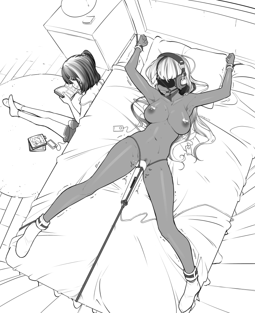 2girls armpits ball_gag bdsm bed blindfold bondage bondage_cuffs bound breasts clenched_hand collarbone commission crotch_rope egg_vibrator eudetenis femdom forced_orgasm full_body gag greyscale headphones highres hitachi_magic_wand indoors large_breasts lilya_(pretzelfan) long_hair lying monochrome multiple_girls navel nipple_stimulation nipples nude older_woman_and_younger_girl on_back original saliva sayuri_(pretzelfan) second-party_source sensory_deprivation sex_toy socks solo spread_legs vibrator white_hair