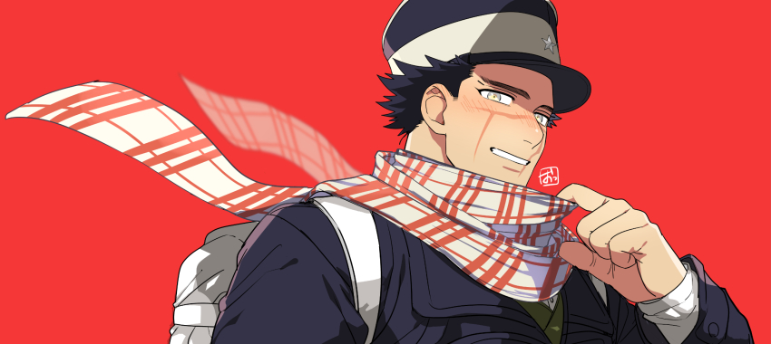 1boy backpack bag black_hair black_hat black_jacket golden_kamuy grey_eyes grin hat highres jacket long_sleeves looking_at_viewer male_focus onnomono red_background scar scar_on_face scarf scarf_pull smile solo sugimoto_saichi
