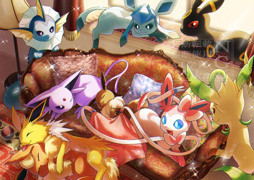 black_eyes blue_eyes bright_pupils brown_eyes colored_sclera couch eevee espeon fins flareon forehead_jewel gen_1_pokemon gen_2_pokemon gen_4_pokemon gen_6_pokemon glaceon head_fins highres indoors jolteon lamp leafeon lying nintendo no_humans on_couch pillow pokemon pokemon_(creature) red_sclera rug sidelocks smile sunlight sylveon tongue tongue_out umbreon vaporeon white_pupils window yukari_(yukari21653710)