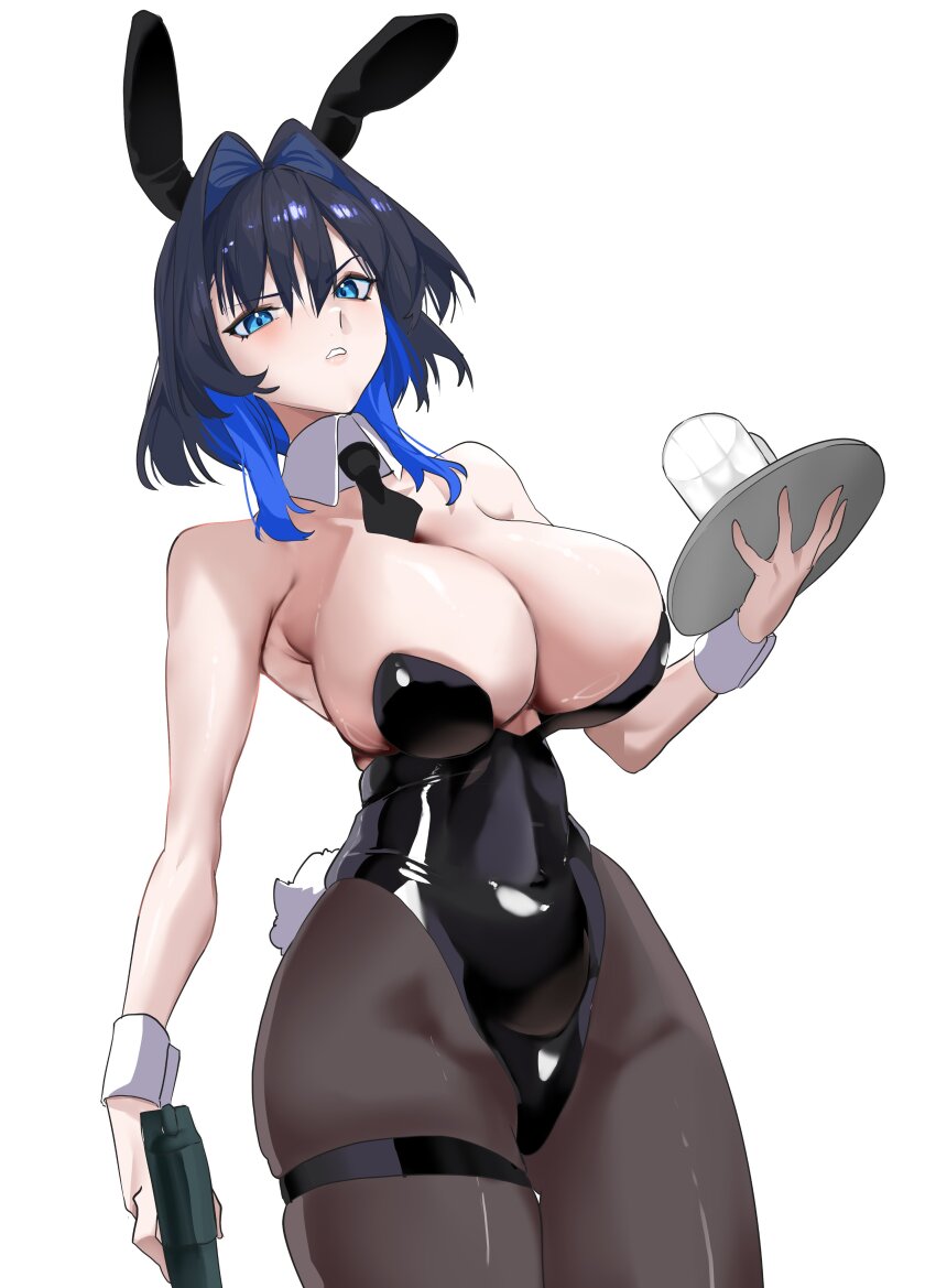 1girl absurdres alternate_costume animal_ears black_hair black_necktie black_pantyhose blue_eyes blue_hair breasts cup daaku_(koizumi_arata) detached_collar drinking_glass fake_animal_ears fake_tail hair_intakes highleg highleg_leotard highres holding holding_tray hololive hololive_english huge_breasts leotard multicolored_hair necktie ouro_kronii pantyhose parted_lips playboy_bunny rabbit_ears rabbit_tail simple_background solo strapless strapless_leotard tail thigh_strap tray two-tone_hair virtual_youtuber white_background wrist_cuffs