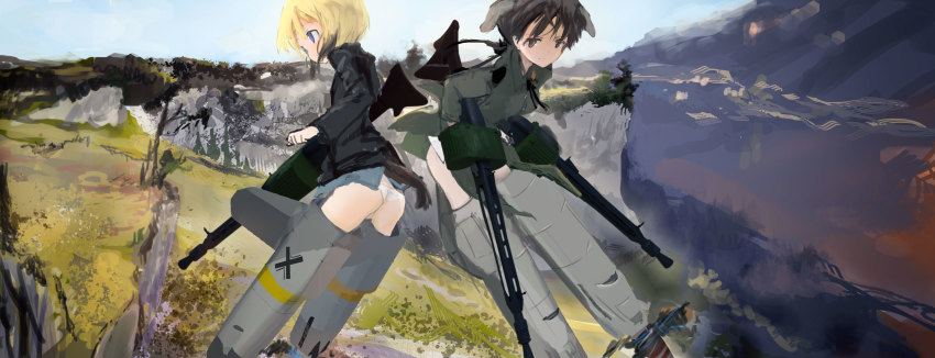 2girls absurdres animal_ears blonde_hair blue_eyes brown_eyes brown_hair cliff dog_ears dog_tail double-drum_magazine drum_magazine dual_wielding erica_hartmann flying machine_gun gertrud_barkhorn gradient_hair gun high-capacity_magazine highres holding jacket kabuyama_kaigi leather leather_jacket long_hair machine_gun magazine_(weapon) mg42 multicolored_hair multiple_girls neck_ribbon ribbon saddle-drum short_hair sketch sky strike_witches striker_unit tail they&#039;re_not_panties tree twintails uniform weapon world_witches_series