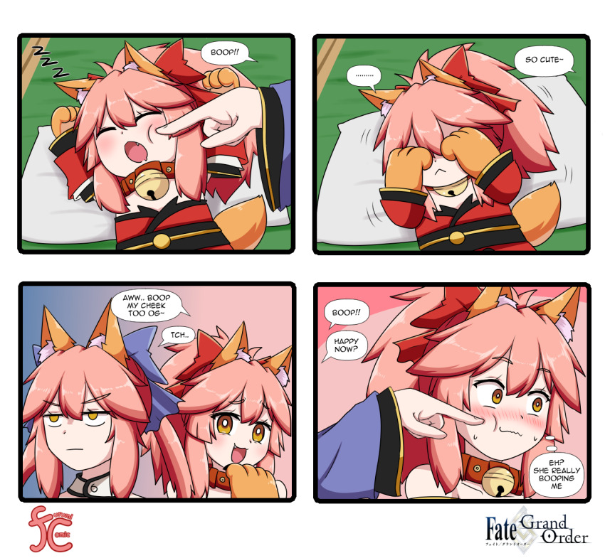 3girls animal_ear_fluff animal_ears animal_hands bell blue_bow blue_kimono blush bow cat_paws chibi collar english_text fate/grand_order fate_(series) fox_ears fox_girl fox_tail gloves highres japanese_clothes jingle_bell keita_naruzawa kimono long_hair mini_person minigirl multiple_girls neck_bell paw_gloves pink_hair ponytail red_kimono red_ribbon ribbon saliva sleeping speech_bubble split_ponytail tail tamamo_(fate) tamamo_cat_(fate) tamamo_cat_(first_ascension)_(fate) tamamo_no_mae_(fate) yellow_eyes zzz