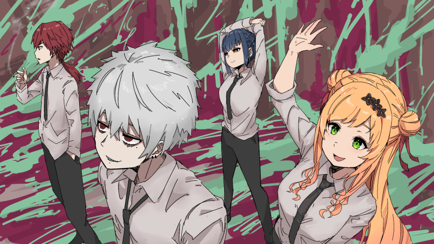2boys 2girls :d arms_up between_fingers black_hair black_necktie black_pants blonde_hair breasts brown_eyes cigarette collared_shirt commentary_request double_bun earrings green_eyes grey_hair grey_shirt hair_between_eyes hair_bun highres holding holding_cigarette jewelry kuzuha_(nijisanji) lauren_iroas long_hair long_sleeves low_ponytail medium_breasts multiple_boys multiple_girls necktie nijisanji nijisanji_kr open_mouth pants ponytail red_eyes red_hair ringed_eyes seffyna sharp_teeth shirt smile smoke stretching teeth virtual_youtuber yamagami_karuta yowayowap