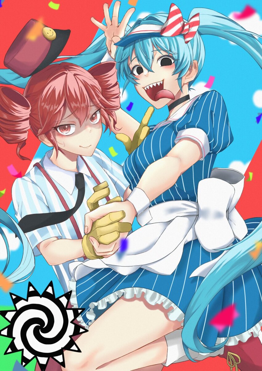 2girls alternate_costume apron arm_up back_bow black_eyes black_necktie blue_hair blue_sky blush bow breasts cloud collared_shirt commentary_request dress drill_hair flat_chest floating_clothes floating_hair gloves hair_between_eyes hat hatsune_miku highres himajinnaponta holding_hands interlocked_fingers kasane_teto leg_up long_hair looking_at_viewer medium_breasts mesmerizer_(vocaloid) multiple_girls necktie nervous nervous_smile outstretched_arm pants pinstripe_dress pinstripe_pattern red_eyes red_hair red_hat red_pants red_shoes shaded_face sharp_teeth shirt shoes short_sleeves sky sleeves_rolled_up smile smiley_hat_ornament solid_circle_eyes spiral standing standing_on_one_leg striped_clothes suspenders sweatdrop teeth tongue tongue_out twin_drills twintails utau very_long_hair vocaloid waist_apron white_apron white_bow white_wrist_cuffs wing_collar wrist_cuffs yellow_gloves