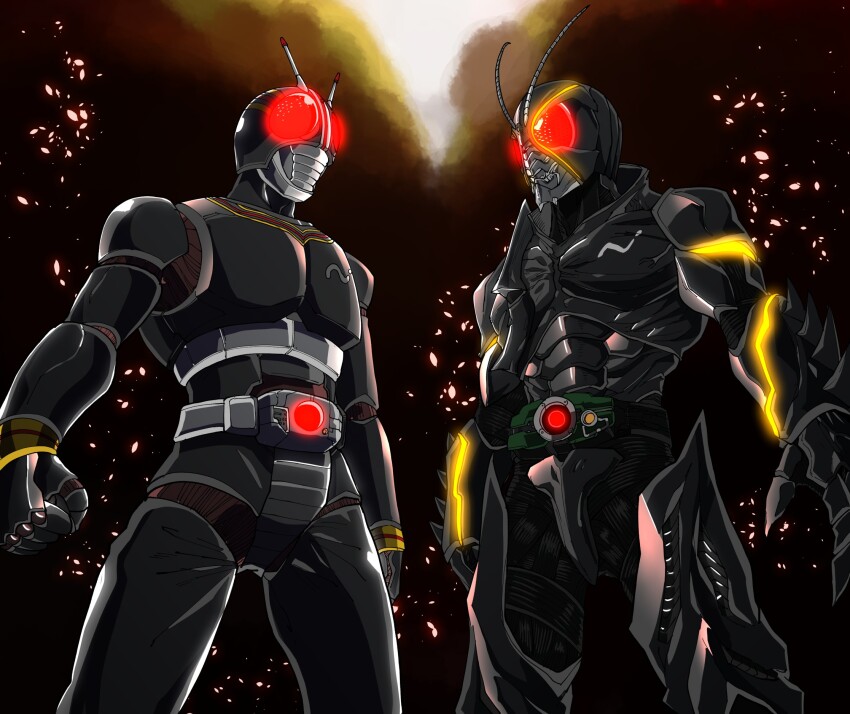 2boys amakawa_mayu antennae armor black_armor black_background commentary_request glowing glowing_eyes highres kamen_rider kamen_rider_black kamen_rider_black_(series) kamen_rider_black_sun kamen_rider_black_sun_(series) looking_at_viewer male_focus multiple_boys red_eyes rider_belt tokusatsu