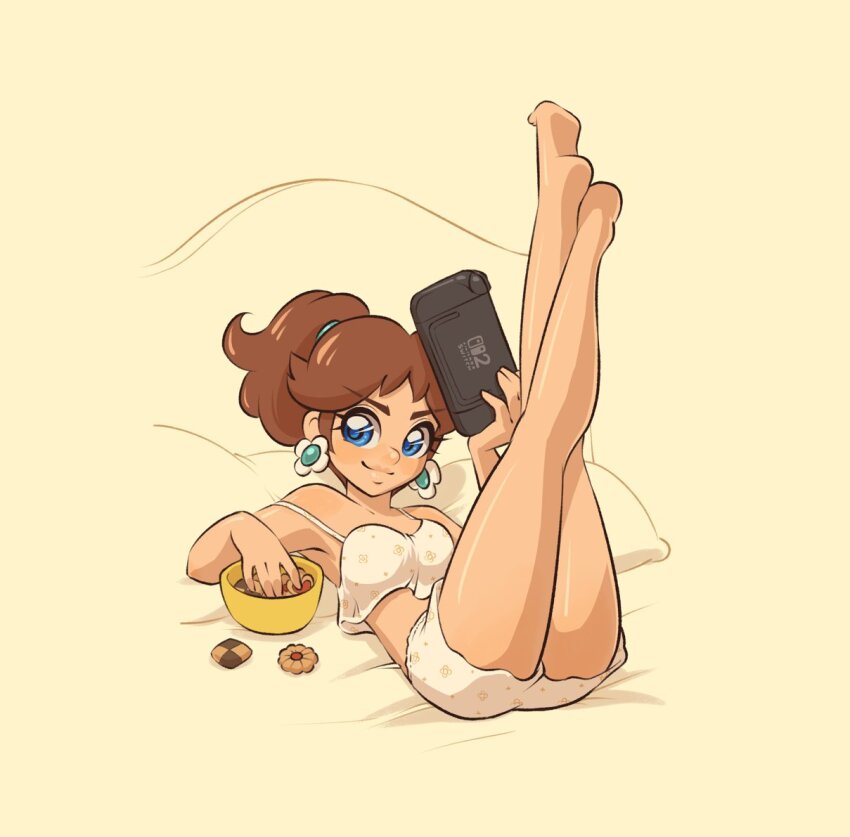1girl ass bowl breasts brown_hair cookie earrings flower_earrings food jewelry legs_up long_hair looking_at_viewer lying lysum mario_(series) midriff nintendo nintendo_switch_2 on_back ponytail princess_daisy simple_background sleepwear