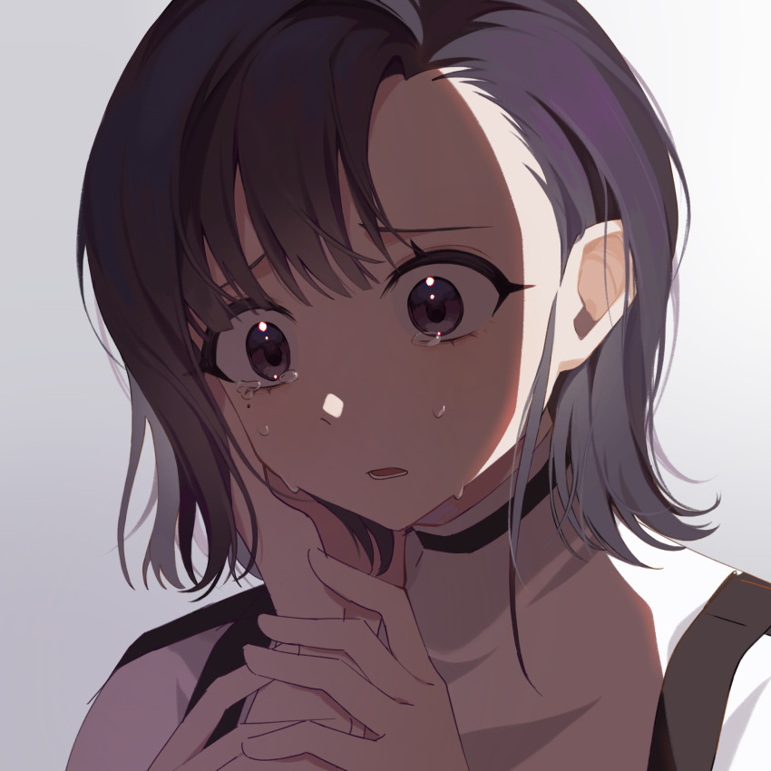 1girl 1other :o brown_hair crying crying_with_eyes_open grey_background hand_on_another&#039;s_cheek hand_on_another&#039;s_face highres holding_another&#039;s_wrist kashiki_yuno looking_down lower_teeth_only medium_hair milgram mole mole_under_eye simple_background tears teeth yingwux1