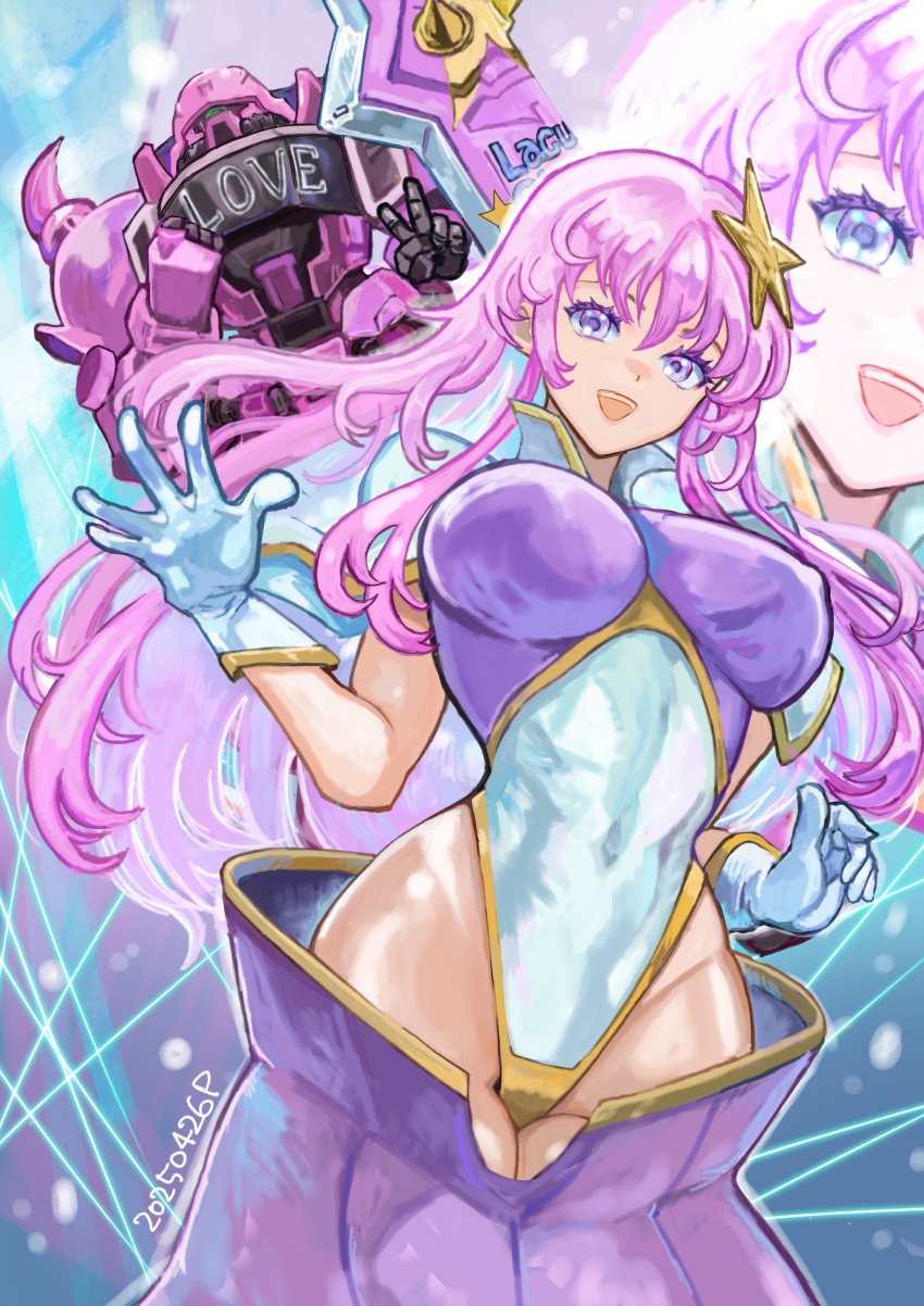 absurdres bare_hips breasts covered_navel gloves gundam gundam_seed gundam_seed_destiny hair_ornament highres long_hair looking_at_viewer medium_breasts meer_campbell mobile_suit okrdisk2000 open_mouth short_hair star_(symbol) star_hair_ornament very_long_hair white_gloves wide_hips zaku_warrior_concert_custom