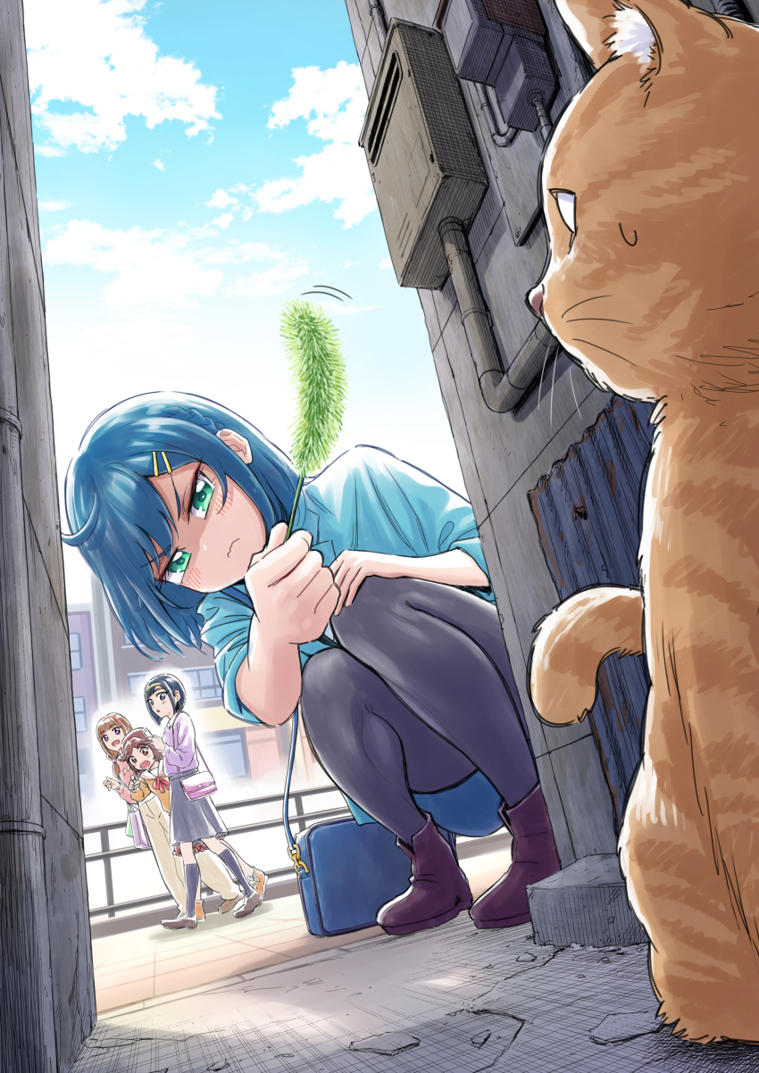 4girls absurdres alley ankle_boots bag black_eyes black_footwear black_hair black_pantyhose black_skirt blazer blue_hair blue_jacket blue_skirt blue_sky blush bob_cut boots braid brown_eyes brown_hair brown_pants building casual cat cat_teaser closed_mouth cloud day delicious_party_precure dutch_angle endou_iroha foreshortening frown fuwa_kokone glaring green_eyes hair_ornament hairclip hand_on_own_knee handbag highres itou_shin&#039;ichi jacket looking_at_another medium_hair medium_skirt miniskirt motion_lines multiple_girls nagase_ena open_mouth orange_shirt outdoors pants pantyhose pink_shirt pointing precure purple_shirt railing sailor_collar scowl shirt short_hair skirt sky smile squatting sweatdrop takada_risa walking white_sailor_collar