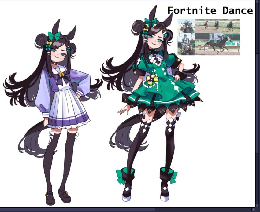 1girl animal_ears art_program_in_frame black_boots black_hair black_shoes black_thighhighs boots bow bowtie character_name commentary double_bun dress ear_bow english_commentary flipped_hair fortnite_dance_(racehorse) full_body green_bow green_dress green_eyes green_lips grin hair_bun hair_ornament hairclip horse_ears horse_girl horse_tail horseshoe_ornament long_hair long_sleeves personification pleated_skirt puffy_short_sleeves puffy_sleeves purple_bow purple_bowtie purple_shirt real_life reference_inset sailor_collar sailor_shirt school_uniform shirt shoes short_sleeves sidelocks simple_background skirt smile summer_uniform swept_bangs tail thighhighs tracen_school_uniform umamusume vanellabeam white_background white_skirt