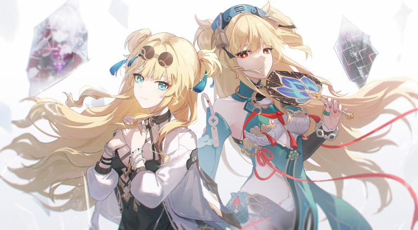 1girl absurdres bare_shoulders blonde_hair blue_eyes breasts chinese_clothes dress dual_persona eyewear_on_head glowing_cracks hair_intakes highres honkai_(series) honkai_impact_3rd jacket long_hair looking_at_viewer multiple_girls nail_polish navel round_eyewear smile songque songque_(jovial_deception:_shadowdimmer) thelema_nutriscu thelema_nutriscu_(mad_pleasure:_shadowbringer) very_long_hair yukiri_(l_ii)