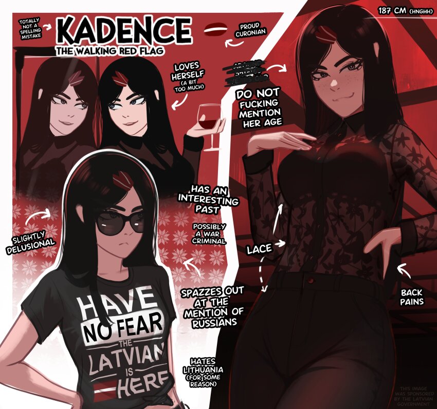 1girl absurdres black_eyes breasts brown_hair commentary cup drinking_glass english_commentary english_text frown hair_ornament hairclip hand_on_own_hip highres holding holding_cup kadence_(veyonis) latvian_flag medium_breasts mirror narcissism original shirt smile sunglasses t-shirt veyonis wine_glass