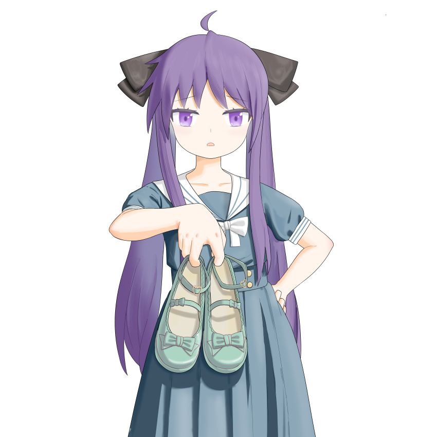 1girl absurdres asu_no_suisei highres hiiragi_kagami holding holding_shoes holding_unworn_clothes long_hair looking_at_viewer lucky_star parted_lips purple_eyes purple_hair shoes twintails unworn_shoes