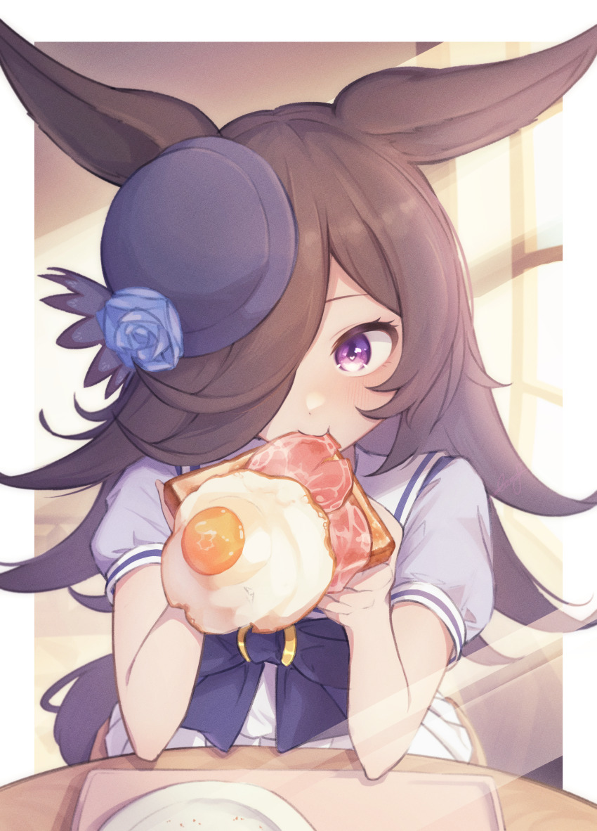 1girl absurdres animal_ears beautifulinsnow blue_flower blue_rose blush border bow bread bread_slice brown_hair commentary_request egg flower food food_malfunction hair_over_one_eye ham highres holding holding_food horse_ears horse_girl horse_tail indoors long_hair outside_border placemat plate pleated_skirt purple_bow purple_eyes purple_shirt rice_shower_(umamusume) rose sailor_collar school_uniform shirt skirt solo summer_uniform table tail tilted_headwear toast tracen_school_uniform umamusume white_border white_skirt window