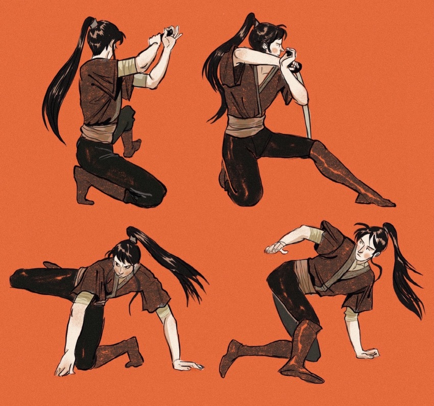 1boy arm_wrap black_eyes black_footwear black_hair black_pants blush boots frown full_body glaring high_ponytail highres holding holding_sword holding_weapon kicking leaning long_hair male_focus mu_qing_(tianguan_cifu) multiple_views orange_background orange_theme pants ponytail short_sleeves squatting sword tianguan_cifu training weapon yaroslava_murashko