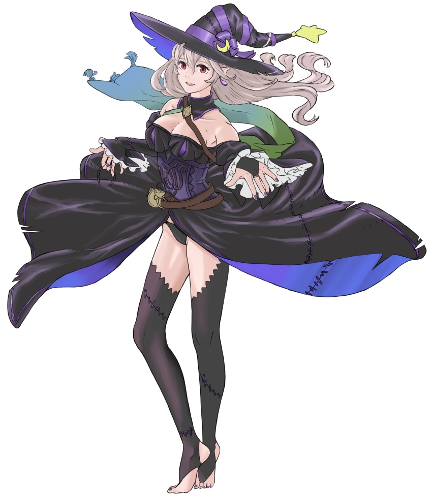 1girl black_dress black_hat black_panties black_thighhighs breasts collarbone commentary corrin_(female)_(fire_emblem) corrin_(female)_(halloween)_(fire_emblem) crescent crescent_hat_ornament dress earrings english_commentary fire_emblem fire_emblem_fates fire_emblem_heroes full_body grey_hair hat hat_ornament highres jewelry karrincorrin large_breasts long_hair nintendo no_shoes official_alternate_costume open_mouth panties pantyshot purple_nails red_eyes simple_background smile solo stirrup_legwear thighhighs toeless_legwear toes underwear white_background witch_hat