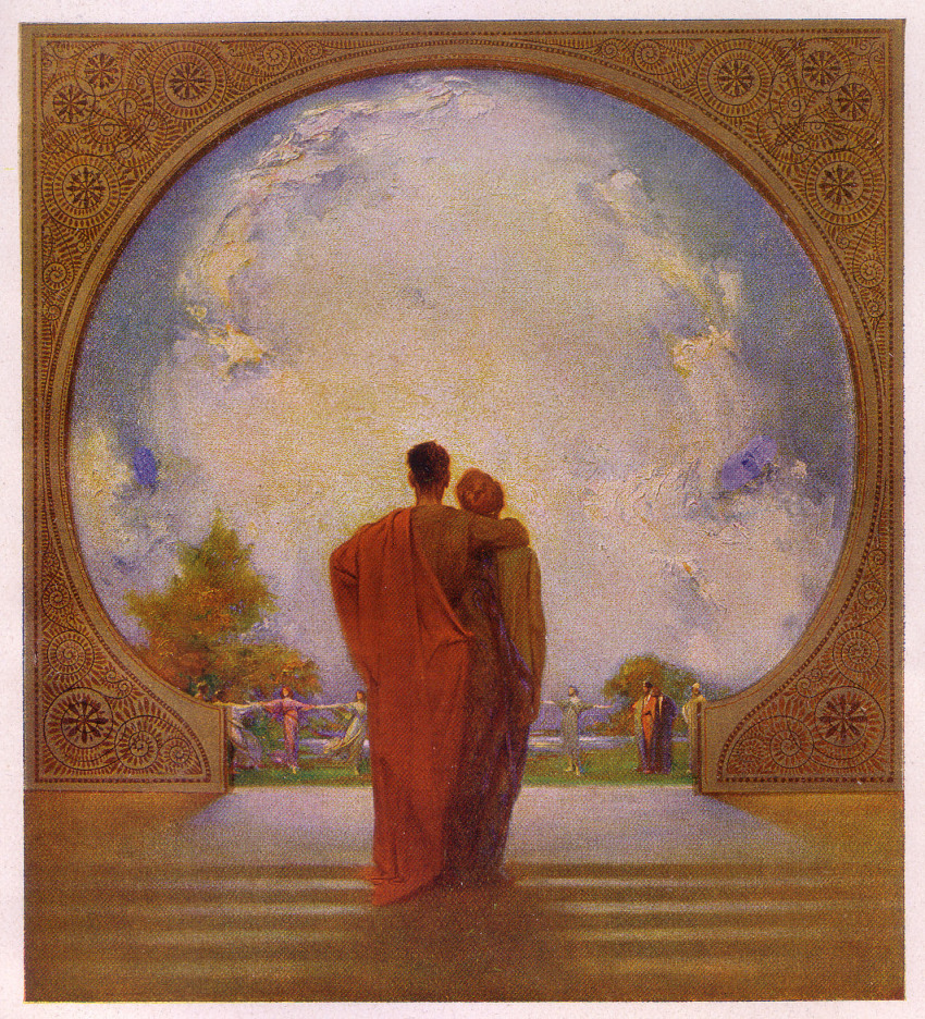 arch arm_around_shoulder border brown_hair cloud dancing dress from_behind full_body highres holding_hands human_chain ludwig_fahrenkrog nature original painting_(medium) robe short_hair sky stairs traditional_media tree