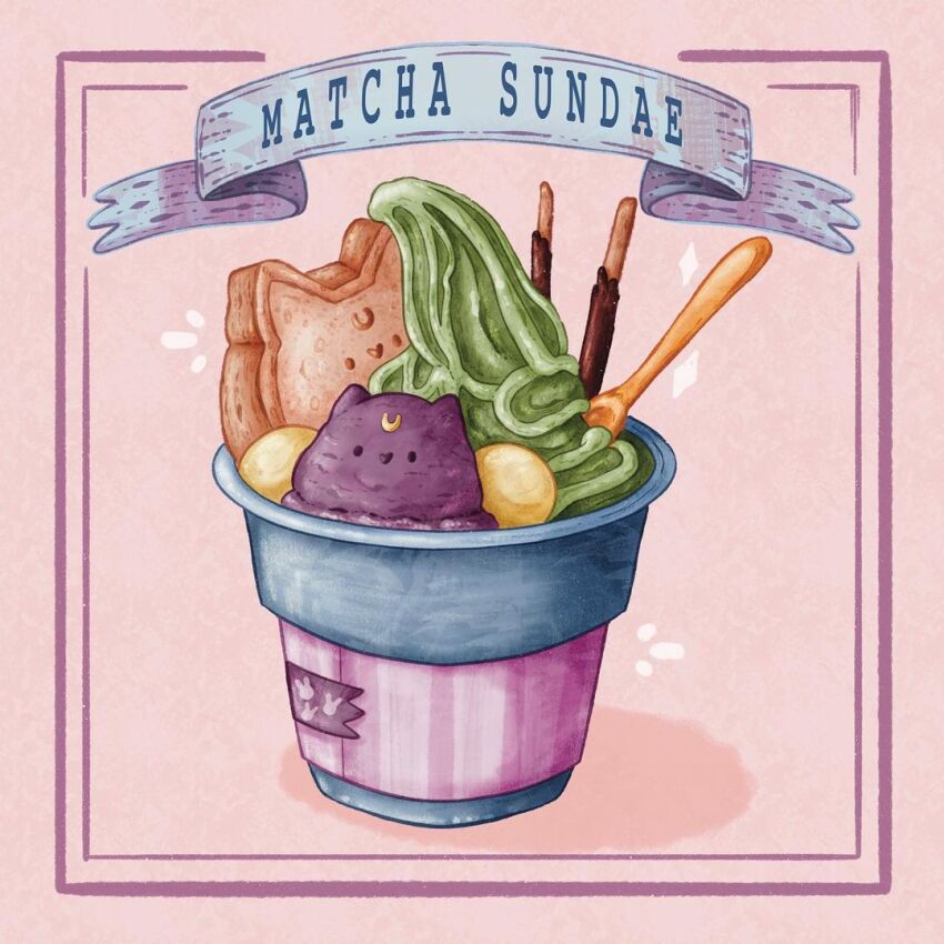 abbey_and_bear animal-themed_food banner bishoujo_senshi_sailor_moon character-themed_food cookie english_text food food_focus ice_cream luna_(sailor_moon) no_humans notice_lines pink_background pocky shadow spoon sundae