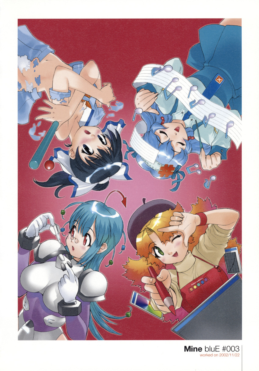 4girls absurdres ahoge apron armor artbook beamed_eighth_notes beret black_hair block_(object) blonde_hair blue_bow blue_dress blue_hair blue_necktie blush bow brown_sweater closed_eyes collared_dress collared_shirt conductor_baton covering_breasts covering_privates dated dress earrings eighth_note fortissimo glasses gloves green_eyes hair_between_eyes hair_ornament hair_ribbon hairband hat high_collar highres holding holding_baton holding_pencil jewelry leotard long_hair multicolored_hair multiple_girls musical_note musical_note_earrings musical_note_hair_ornament navel necktie one_eye_closed open_mouth orange_hair original pencil ponytail purple_leotard quarter_note red_apron red_background red_eyes ribbon round_eyewear scan school_uniform serafuku sharp_sign shirt short_hair shoulder_pads simple_background skirt sweater tif-to-png_conversion torn_clothes turtleneck turtleneck_sweater white_gloves white_hairband white_leotard white_ribbon white_shirt white_skirt wristband x yoshizaki_mine