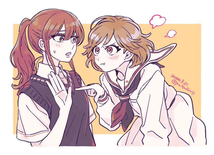2girls angry blush dated highres medium_hair multiple_girls nagatani_megumi okujou_no_yurirei-san pe88y_(yu_tsugirls) pointing ponytail school_uniform serafuku short_hair sweatdrop sweater_vest toomi_yuna twitter_username