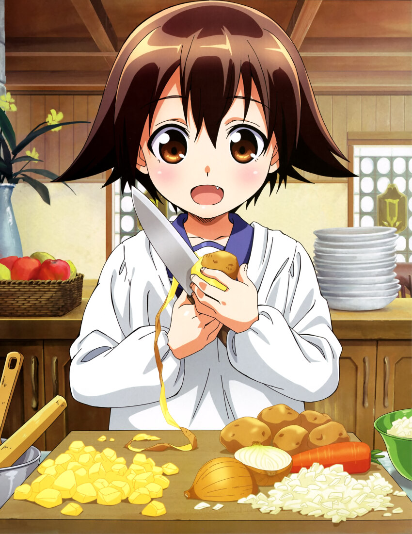 1girl :d absurdres anime_coloring apple apron artist_request basket blue_sailor_collar blush brown_eyes brown_hair carrot child collarbone cookie day fang flower food fruit highres holding holding_knife holding_potato indoors kappougi kitchen kitchen_knife knife long_sleeves looking_at_viewer mixing_bowl miyafuji_yoshika newtype official_art onion open_mouth peeling plate plate_stack potato potato_peel sailor_collar short_hair smile solo standing strike_witches third-party_source vase white_apron window wooden_ceiling world_witches_series yellow_flower