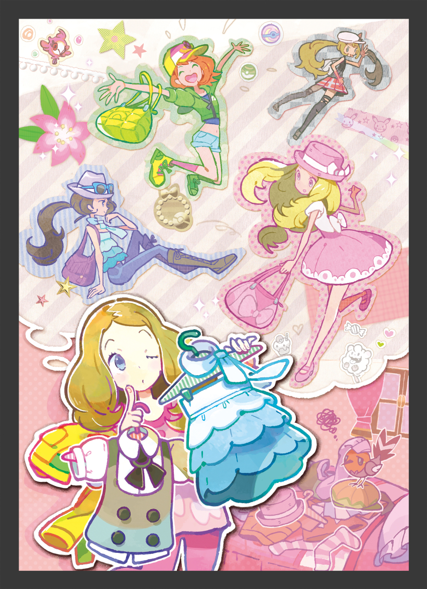 1girl :d ^_^ absurdres alternate_hair_color alternate_hairstyle artist_request bag bird black_border black_hair black_thighhighs blonde_hair blue_eyes border brown_hair candy closed_eyes clothes_hanger dress fletchling food gameplay_mechanics gen_1_pokemon gen_6_pokemon gracidea handbag happy hat heal_ball heart highres holding holding_clothes_hanger jumping long_hair midriff miniskirt multiple_views navel nest_ball nintendo official_art one_eye_closed open_mouth orange_hair pajamas pikachu pink_dress pink_shoes poke_ball poke_ball_(basic) poke_ball_print poke_ball_theme pokemon pokemon_(creature) pokemon_xy ponytail second-party_source serena_(pokemon) shoes short_dress short_sleeves skirt smile socks spritzee squiggle staryu striped_clothes striped_footwear sunglasses swirlix thighhighs thinking twintails white_hat