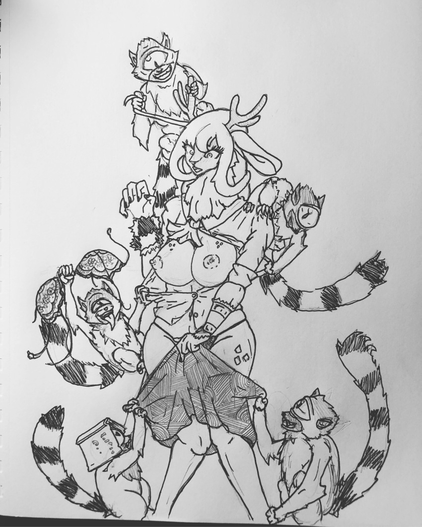 1girl absurdres assisted_exposure bra unworn_bra breasts cleavage clothes_pull cyclops deer greyscale highres lace lace-trimmed_bra lace_trim large_breasts lemur monochrome monster nipples one-eyed open_clothes open_shirt original restrained self-upload skirt skirt_pull underwear